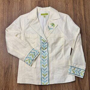 Sigrid Olsen Linen Blend Blazer Womens 6 Ivory Embroidered Floral‎ Snap FLAW